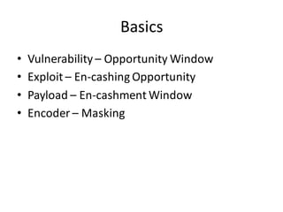 Basics
•   Vulnerability – Opportunity Window
•   Exploit – En-cashing Opportunity
•   Payload – En-cashment Window
•   Encoder – Masking
 