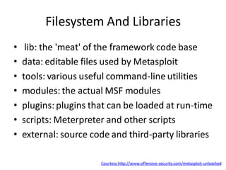 Filesystem And Libraries
•    lib: the 'meat' of the framework code base
•   data: editable files used by Metasploit
•   tools: various useful command-line utilities
•   modules: the actual MSF modules
•   plugins: plugins that can be loaded at run-time
•   scripts: Meterpreter and other scripts
•   external: source code and third-party libraries

                       Courtesy http://www.offensive-security.com/metasploit-unleashed
 