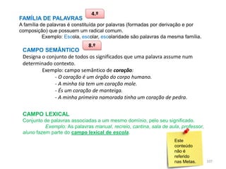 FAMÍLIA DE PALAVRAS

4.º

A família de palavras é constituída por palavras (formadas por derivação e por
composição) que possuem um radical comum.
Exemplo: Escola, escolar, escolaridade são palavras da mesma família.

8.º

CAMPO SEMÂNTICO
Designa o conjunto de todos os significados que uma palavra assume num
determinado contexto.
Exemplo: campo semântico de coração:
- O coração é um órgão do corpo humano.
- A minha tia tem um coração mole.
- És um coração de manteiga.
- A minha primeira namorada tinha um coração de pedra.
CAMPO LEXICAL
Conjunto de palavras associadas a um mesmo domínio, pelo seu significado.
Exemplo: As palavras manual, recreio, cantina, sala de aula, professor,
aluno fazem parte do campo lexical de escola.
Este
conteúdo
não é
referido
nas Metas.

107

 