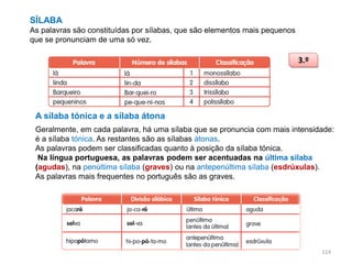 SÍLABA
As palavras são constituídas por sílabas, que são elementos mais pequenos
que se pronunciam de uma só vez.

3.º

A sílaba tónica e a sílaba átona
Geralmente, em cada palavra, há uma sílaba que se pronuncia com mais intensidade:
é a sílaba tónica. As restantes são as sílabas átonas.
As palavras podem ser classificadas quanto à posição da sílaba tónica.
Na língua portuguesa, as palavras podem ser acentuadas na última sílaba
(agudas), na penúltima sílaba (graves) ou na antepenúltima sílaba (esdrúxulas).
As palavras mais frequentes no português são as graves.

114

 