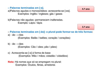 – Palavras terminadas em [-s].
a)Palavras agudas e monossílabos: acrescenta-se [-es].
Exemplos: Inglês / ingleses; gás / gases

4.º ano

b)Palavras não agudas: permanecem inalteradas.
Exemplo: Lápis / lápis
3.º ano
– Palavras terminadas em [-ão]: o plural pode formar-se de três formas:
a) -ão →-ões
(Exemplos: Balão / balões; coração / corações)
b) -ão →-ães
(Exemplos: Cão / cães; pão / pães)
c) Acrescenta-se [-s] à forma de base
(Exemplos: Mão / mãos; cidadão / cidadãos)
Nota: Há nomes que só se empregam no plural:
Exemplos: Óculos, férias, arredores

 