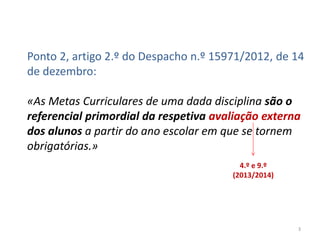 Ponto 2, artigo 2.º do Despacho n.º 15971/2012, de 14
de dezembro:
«As Metas Curriculares de uma dada disciplina são o
referencial primordial da respetiva avaliação externa
dos alunos a partir do ano escolar em que se tornem
obrigatórias.»
4.º e 9.º
(2013/2014)

3

 