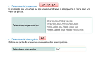 3.º - 4.º - 5.º

• Determinante possessivo
É precedido por um artigo ou por um demonstrativo e acompanha o nome com um
valor de posse.

6.º

• Determinante interrogativo
Coloca-se junto de um nome em construções interrogativas.

 