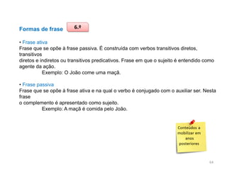 Formas de frase

6.º

• Frase ativa
Frase que se opõe à frase passiva. É construída com verbos transitivos diretos,
transitivos
diretos e indiretos ou transitivos predicativos. Frase em que o sujeito é entendido como
agente da ação.
Exemplo: O João come uma maçã.
• Frase passiva
Frase que se opõe à frase ativa e na qual o verbo é conjugado com o auxiliar ser. Nesta
frase
o complemento é apresentado como sujeito.
Exemplo: A maçã é comida pelo João.

64

 