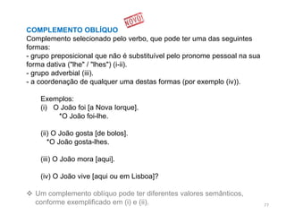COMPLEMENTO OBLÍQUO
Complemento selecionado pelo verbo, que pode ter uma das seguintes
formas:
- grupo preposicional que não é substituível pelo pronome pessoal na sua
forma dativa ("lhe" / "lhes") (i-ii).
- grupo adverbial (iii).
- a coordenação de qualquer uma destas formas (por exemplo (iv)).
Exemplos:
(i) O João foi [a Nova Iorque].
*O João foi-lhe.
(ii) O João gosta [de bolos].
*O João gosta-lhes.
(iii) O João mora [aqui].
(iv) O João vive [aqui ou em Lisboa]?

 Um complemento oblíquo pode ter diferentes valores semânticos,
conforme exemplificado em (i) e (ii).

77

 