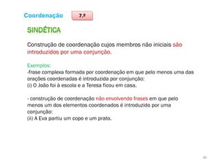 Coordenação

7.º

Construção de coordenação cujos membros não iniciais são
introduzidos por uma conjunção.
Exemplos:
-frase complexa formada por coordenação em que pelo menos uma das
orações coordenadas é introduzida por conjunção:
(i) O João foi à escola e a Teresa ficou em casa.
- construção de coordenação não envolvendo frases em que pelo
menos um dos elementos coordenados é introduzido por uma
conjunção:
(ii) A Eva partiu um copo e um prato.

80

 