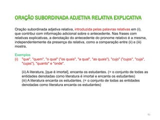 Oração subordinada adjetiva relativa, introduzida pelas palavras relativas em (i),
que contribui com informação adicional sobre o antecedente. Nas frases com
relativas explicativas, a denotação do antecedente do pronome relativo é a mesma,
independentemente da presença da relativa, como a comparação entre (ii) e (iii)
mostra.
Exemplos
(i) "que", "quem", "o qual" ("os quais", "a qual", "as quais"), "cujo" ("cujos", "cuja",
"cujas"), "quanto" e "onde".
(ii) A literatura, [que é imortal], encanta os estudantes. (= o conjunto de todas as
entidades denotadas como literatura é imortal e encanta os estudantes)
(iii) A literatura encanta os estudantes. (= o conjunto de todas as entidades
denotadas como literatura encanta os estudantes)

91

 