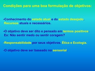 Condições para uma boa formulação de objetivos:


-Conhecimento do estado atual e do estado desejado.
Recursos atuais e necessários.

-O objetivo deve ser dito e pensado em termos positivos.
Ex: Não sentir medo ou sentir coragem?

-Responsabilidade por seus objetivos. Ética e Ecologia.

-O objetivo deve ser baseado no sensorial.
 