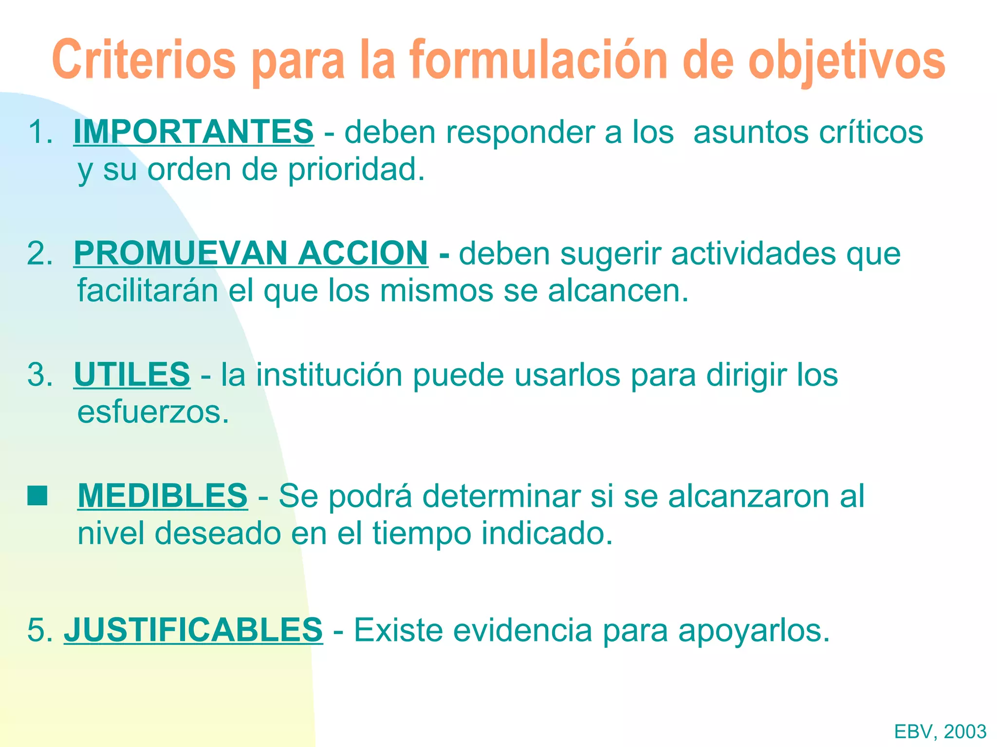 Criterios para la formulación de objetivos 1.  IMPORTANTES  - deben responder a los  asuntos críticos  y su orden de prioridad. 2.  PROMUEVAN ACCION  -  deben sugerir actividades que facilitarán el que los mismos se alcancen. 3.  UTILES  - la institución puede usarlos para dirigir los esfuerzos. MEDIBLES   - Se podrá determinar si se alcanzaron al  nivel deseado en el tiempo indicado. 5.  JUSTIFICABLES  - Existe evidencia para apoyarlos. EBV, 2003 