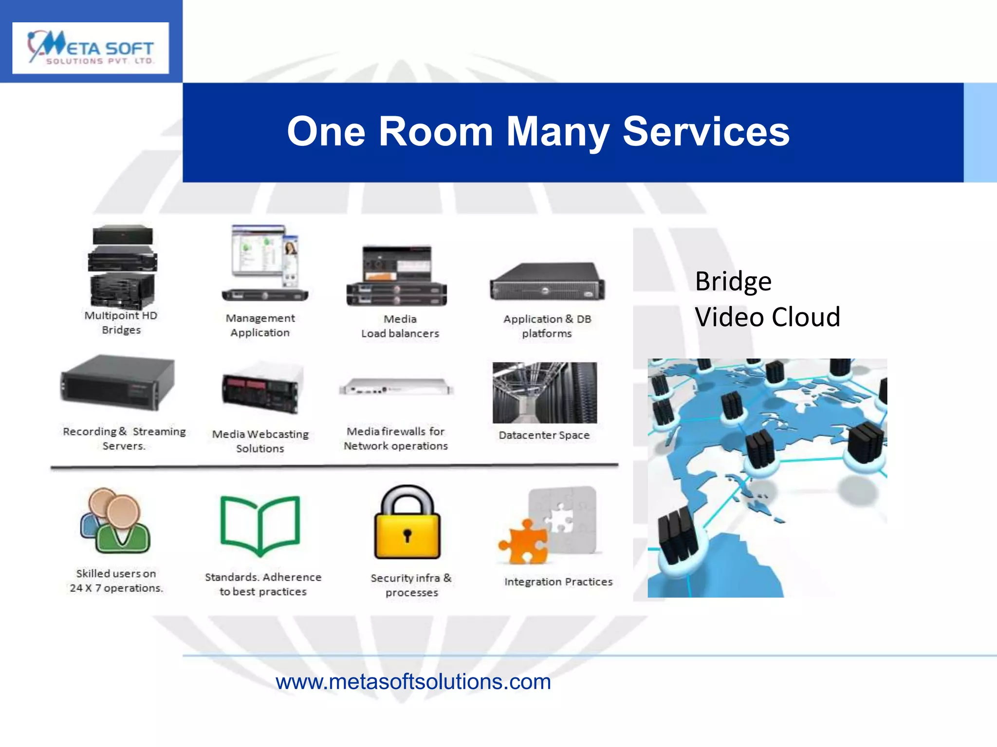 One Room Many Services


                            Bridge
                            Video Cloud




www.metasoftsolutions.com
 