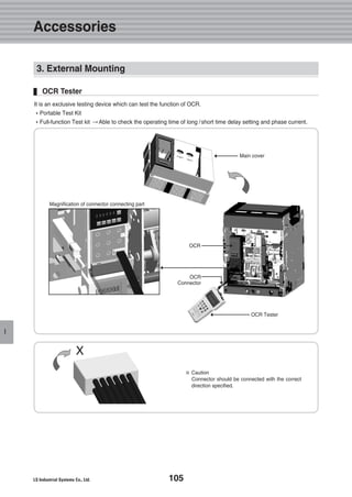105
Accessories
I
It is an exclusive testing device which can test the function of OCR.
�Portable Test Kit
�Full-function Test kit � Able to check the operating time of long /short time delay setting and phase current.
OCR Tester
Main cover
※ Caution
Connector should be connected with the correct
direction specified.
X
OCR
OCR
Connector
OCR Tester
Magnification of connector connecting part
3. External Mounting
 
