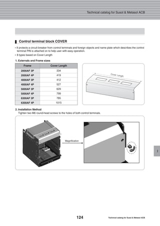 124 Technical catalog for Susol & Metasol ACB
Technical catalog for Susol & Metasol ACB
I
Magnification
2. Installation Method
Tighten two M6 round-head screws to the holes of both control terminals.
1. Externals and Frame sizes
�It protects a circuit breaker from control terminals and foreign objects and name plate which describes the control
terminal PIN is attached on to help user with easy operation.
�8 types based on Cover Length
Control terminal block COVER
2000AF 3P
2000AF 4P
4000AF 3P
4000AF 4P
5000AF 3P
5000AF 4P
6300AF 3P
6300AF 4P
334
419
412
527
629
799
785
1015
Frame Cover Length
Cover Length
 