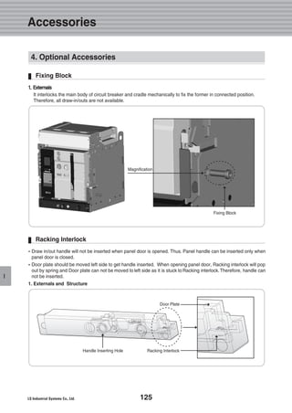 125
I
11.. EExxtteerrnnaallss
It interlocks the main body of circuit breaker and cradle mechanically to fix the former in connected position.
Therefore, all draw-in/outs are not available.
Fixing Block
�Draw in/out handle will not be inserted when panel door is opened. Thus. Panel handle can be inserted only when
panel door is closed.
�Door plate should be moved left side to get handle inserted. When opening panel door, Racking interlock will pop
out by spring and Door plate can not be moved to left side as it is stuck to Racking interlock.Therefore, handle can
not be inserted.
1. Externals and Structure
Racking Interlock
Fixing Block
Door Plate
Racking InterlockHandle Inserting Hole
4. Optional Accessories
Accessories
Magnification
 