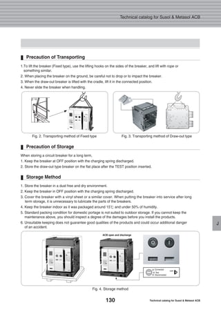 130 Technical catalog for Susol & Metasol ACB
Technical catalog for Susol & Metasol ACB
J
Fig. 2. Transporting method of Fixed type
∅ 10
Fig. 3. Transporting method of Draw-out type
1.To lift the breaker (Fixed type), use the lifting hooks on the sides of the breaker, and lift with rope or
something similar.
2. When placing the breaker on the ground, be careful not to drop or to impact the breaker.
3. When the draw-out breaker is lifted with the cradle, lift it in the connected position.
4. Never slide the breaker when handling.
Precaution of Transporting
Fig. 4. Storage method
When storing a circuit breaker for a long term,
1. Keep the breaker at OFF position with the charging spring discharged.
2. Store the draw-out type breaker on the flat place after the TEST position inserted.
Precaution of Storage
1. Store the breaker in a dust free and dry environment.
2. Keep the breaker in OFF position with the charging spring discharged.
3. Cover the breaker with a vinyl sheet or a similar cover. When putting the breaker into service after long
term storage, it is unnecessary to lubricate the parts of the breakers.
4. Keep the breaker indoor as it was packaged around 15℃ and under 50% of humidity.
5. Standard packing condition for domestic portage is not suited to outdoor storage. If you cannot keep the
maintenance above, you should inspect a degree of the damages before you install the products.
6. Unsuitable keeping does not guarantee good qualities of the products and could occur additional danger
of an accident.
Storage Method
 