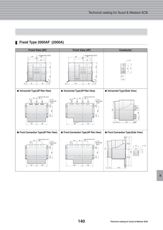140 Technical catalog for Susol & Metasol ACB
Technical catalog for Susol & Metasol ACB
K
Fixed Type 2000AF (2000A)
■■ Horizontal Type(3P Plan View) ■■ Horizontal Type(4P Plan View) ■■ Horizontal Type(Side View)
■■ Front Connection Type(3P Plan View) ■■ Front Connection Type(4P Plan View) ■■ Front Connection Type(Side View)
Front View [3P] Front View [4P] Conductor
 
