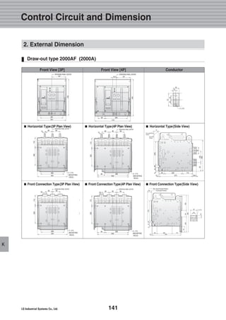 141
K
Draw-out type 2000AF (2000A)
Control Circuit and Dimension
■■ Horizontal Type(3P Plan View) ■■ Horizontal Type(4P Plan View) ■■ Horizontal Type(Side View)
■■ Front Connection Type(3P Plan View) ■■ Front Connection Type(4P Plan View) ■■ Front Connection Type(Side View)
Front View [3P] Front View [4P] Conductor
2. External Dimension
 