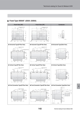 142 Technical catalog for Susol & Metasol ACB
Technical catalog for Susol & Metasol ACB
K
Fixed Type 4000AF (630A~3200A)
75
■■ Horizontal Type(3P Plan View) ■■ Horizontal Type(4P Plan View) ■■ Horizontal Type(Side View)
■■ Vertical Type(3P Plan View) ■■ Vertical Type(4P Plan View) ■■ Vertical Type(Side View)
■■ Front Connection Type(3P Plan View) ■■ Front Connection Type(4P Plan View) ■■ Front Connection Type(Side View)
Front View [3P] Front View [4P] Conductor
 
