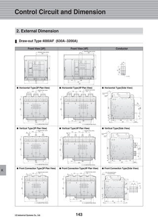 143
K
Draw-out Type 4000AF (630A~3200A)
Control Circuit and Dimension
■■ Horizontal Type(3P Plan View) ■■ Horizontal Type(4P Plan View) ■■ Horizontal Type(Side View)
■■ Vertical Type(3P Plan View) ■■ Vertical Type(4P Plan View) ■■ Vertical Type(Side View)
■■ Front Connection Type(3P Plan View) ■■ Front Connection Type(4P Plan View) ■■ Front Connection Type(Side View)
Front View [3P] Front View [4P] Conductor
2. External Dimension
 