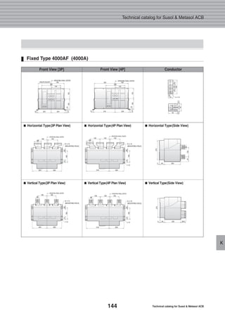 144 Technical catalog for Susol & Metasol ACB
Technical catalog for Susol & Metasol ACB
K
Fixed Type 4000AF (4000A)
12.512.59.5
■■ Horizontal Type(3P Plan View) ■■ Horizontal Type(4P Plan View) ■■ Horizontal Type(Side View)
■■ Vertical Type(3P Plan View) ■■ Vertical Type(4P Plan View) ■■ Vertical Type(Side View)
Front View [3P] Front View [4P] Conductor
 