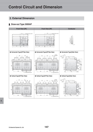 147
K
Draw-out Type 5000AF
Control Circuit and Dimension
■■ Horizontal Type(3P Plan View) ■■ Horizontal Type(4P Plan View) ■■ Horizontal Type(Side View)
■■ Vertical Type(3P Plan View) ■■ Vertical Type(4P Plan View) ■■ Vertical Type(Side View)
Front View [3P] Front View [4P] Conductor
2. External Dimension
 