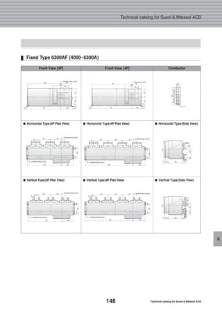 148 Technical catalog for Susol & Metasol ACB
Technical catalog for Susol & Metasol ACB
K
Fixed Type 6300AF (4000~6300A)
■■ Horizontal Type(3P Plan View) ■■ Horizontal Type(4P Plan View) ■■ Horizontal Type(Side View)
■■ Vertical Type(3P Plan View) ■■ Vertical Type(4P Plan View) ■■ Vertical Type(Side View)
Front View [3P] Front View [4P] Conductor
 