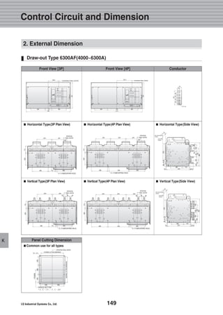 149
K
Draw-out Type 6300AF(4000~6300A)
Control Circuit and Dimension
Panel Cutting Dimension
CRADLE BOTTOM
�D, E = 170 / F, G = 200
165 165
120120
170(200)
128
OPERATING PANEL CENTER
315(PANEL CUTTING DIMENSION)
353(PANELCUTTINGDIMENSION)
10 - 5
■■Common use for all types
■■ Horizontal Type(3P Plan View) ■■ Horizontal Type(4P Plan View) ■■ Horizontal Type(Side View)
■■ Vertical Type(3P Plan View) ■■ Vertical Type(4P Plan View) ■■ Vertical Type(Side View)
Front View [3P] Front View [4P] Conductor
2. External Dimension
 