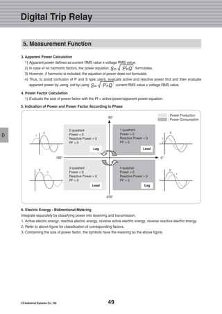 49
D
: Power Production
: Power Consumption
3. Apparent Power Calculation
1) Apparent power defines as current RMS value x voltage RMS value.
2) In case of no harmonic factors, the power equation formulates.
3) However, if harmonic is included, the equation of power does not formulate.
4) Thus, to avoid confusion of P and S type users, evaluate active and reactive power first and then evaluate
apparent power by using, not by using current RMS value x voltage RMS value.
4. Power Factor Calculation
1) Evaluate the size of power factor with the Pf = active power/apparent power equation.
5. Indication of Power and Power Factor According to Phase
6. Electric Energy - Bidirectional Metering
Integrate separately by classifying power into receiving and transmission.
1. Active electric energy, reactive electric energy, reverse active electric energy, reverse reactive electric energy
2. Refer to above figure for classification of corresponding factors.
3. Concerning the size of power factor, the symbols have the meaning as the above figure.
I
V
I
V
I
V
I
V
1 quadrant
Power > 0
Reactive Power < 0
PF > 0
90
0180
270
4 quadran
Power > 0
Reactive Power > 0
PF > 0
3 quadrant
Power < 0
Reactive Power > 0
PF < 0
2 quadrant
Power < 0
Reactive Power < 0
PF < 0
S=√P+Q
2 2
S=√P+Q
2 2
Digital Trip Relay
5. Measurement Function
Lag Lead
LagLead
 