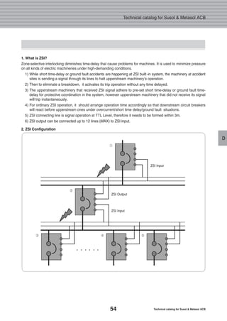 54 Technical catalog for Susol & Metasol ACB
Technical catalog for Susol & Metasol ACB
D
1. What is ZSI?
Zone-selective interlocking diminishes time-delay that cause problems for machines. It is used to minimize pressure
on all kinds of electric machineries under high-demanding conditions.
1) While short time-delay or ground fault accidents are happening at ZSI built-in system, the machinery at accident
sites is sending a signal through its lines to halt upperstream machinery’s operation.
2) Then to eliminate a breakdown, it activates its trip operation without any time delayed.
3) The upperstream machinery that received ZSI signal adhere to pre-set short time-delay or ground fault time-
delay for protective coordination in the system, however upperstream machinery that did not receive its signal
will trip instantaneously.
4) For ordinary ZSI operation, it should arrange operation time accordingly so that downstream circuit breakers
will react before upperstream ones under overcurrent/short time delay/ground fault situations.
5) ZSI connecting line is signal operation at TTL Level, therefore it needs to be formed within 3m.
6) ZSI output can be connected up to 12 lines (MAX) to ZSI input.
2. ZSI Configuration
①
ZSI Input
ZSI Output
ZSI Input
②
③ ④ ⑤
 