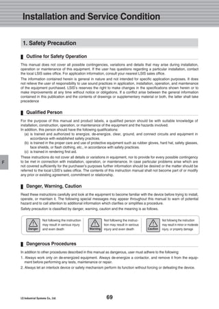 69
F
Not following the instruction
may result in serious injury
and even death
This manual does not cover all possible contingencies, variations and details that may arise during installation,
operation or maintenance of this equipment. If the user has questions regarding a particular installation, contact
the local LSIS sales office. For application information, consult your nearest LSIS sales office.
The information contained herein is general in nature and not intended for specific application purposes. It does
not relieve the user of responsibility to use sound practices in application, installation, operation, and maintenance
of the equipment purchased. LSIS’s reserves the right to make changes in the specifications shown herein or to
make improvements at any time without notice or obligations. If a conflict arise between the general information
contained in this publication and the contents of drawings or supplementary material or both, the latter shall take
precedence
1. Safety Precaution
Outline for Safety Operation
For the purpose of this manual and product labels, a qualified person should be with suitable knowledge of
installation, construction, operation, or maintenance of the equipment and the hazards involved.
In addition, this person should have the following qualifications:
(a) is trained and authorized to energize, de-energize, clear, ground, and connect circuits and equipment in
accordance with established safety practices.
(b) is trained in the proper care and use of protective equipment such as rubber gloves, hard hat, safety glasses,
face shields, or flash clothing, etc., in accordance with safety practices.
(c) is trained in rendering first aid.
These instructions do not cover all details or variations in equipment, nor to provide for every possible contingency
to be met in connection with installation, operation, or maintenance. In case particular problems arise which are
not covered sufficiently for the purchaser’s purposes further information should be desired or the matter should be
referred to the local LSIS’s sales office. The contents of this instruction manual shall not become part of or modify
any prior or existing agreement, commitment or relationship.
Qualified Person
Read these instructions carefully and look at the equipment to become familiar with the device before trying to install,
operate, or maintain it. The following special messages may appear throughout this manual to warn of potential
hazard and to call attention to additional information which clarifies or simplifies a procedure.
Safety precaution is classified by danger, warning, caution and the meaning is as follows.
Danger, Warning, Caution
In addition to other procedures described in this manual as dangerous, user must adhere to the following:
1. Always work only on de-energized equipment. Always de-energize a contactor, and remove it from the equip-
ment before performing any tests, maintenance or repair.
2. Always let an interlock device or safety mechanism perform its function without forcing or defeating the device.
Dangerous Procedures
Danger
Not following the instruc-
tion may result in serious
injury and even deathWarning
Not following the instruction
may result in minor or moderate
injury, or property damageCaution
Installation and Service Condition
 
