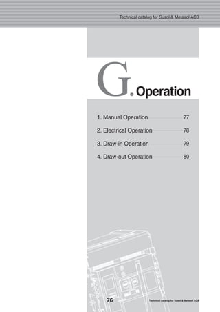 G.Operation
77
78
79
80
1. Manual Operation
2. Electrical Operation
3. Draw-in Operation
4. Draw-out Operation
76 Technical catalog for Susol & Metasol ACB
Technical catalog for Susol & Metasol ACB
 