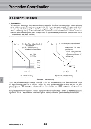 85
H
3. Time Selectivity
Time selectivity is achieved when upstream breaker has longer time delay than downstream breaker about the
same accident current. The optimum arrangement of this system can be organized with upstream breaker’s
electronic trip unit which can perform short time delay setting. Upstream breaker should be able to perform time
-delay function long enough for downstream breaker to eliminate the accident. Therefore upstream breaker can
withstand thermal and magnetic stress for the duration of operation time by downstream breaker. Below picture
3, time selectivity concept is illustrated.
Picture 4(a) illustrates time discrimination in general, picture 4(b) illustrates pseudo-time discrimination that extend
time discrimination by modifying its previous line from right angle to tilt between instantaneous and long time delay
areas. In general, ACB is designed with pseudo-time discrimination, and MCCB is equipped with general time
discrimination.
Using time discrimination to achieve selective protection between two breakers is limited to short time delay area
explained in picture 1. Because most of breakers operate at similar operation speed under instantaneous area.
Picture 4. Time Selectivity
(a) Time Selectivity (b) Pseudo-Time Selectivity
D1: Short Time Delay (Delay0~3)
Circuit Breaker
D2 : Current Limiting Circuit Breaker
D2 : Iins2 as Instantaneous
Operation Current Breaker
Time Delay
from Delay1
Delay3
Delay2
Delay1
Delay0
Short / Inverse Time Delay
Characteristic
�Inverse time characteristic
improve protective
coordination comparing to
definite time.
D2 D1
t
I ins2 I ins1 I
D2 D1
t
I ins2 I ins1 I
Protective Coordination
2. Selectivity Techniques
 