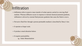 !’ Infiltration refers to passive mass transfer ofsolute species carried in a moving fluid
medium. Whereas diffusion occurs in response to internal chemical potential gradients,
infiltration is driven by external fluid pressure gradients that cause the fluids to move.
!’ Pervasive fluid flow through a porous-permeable medium is described by Darcy’s law.
!’ It operates at larger scale.
!’ It produce zoned alteration haloes.
!’ It requires permeability.
eg : Sodic Metasomatism
Infiltration
 