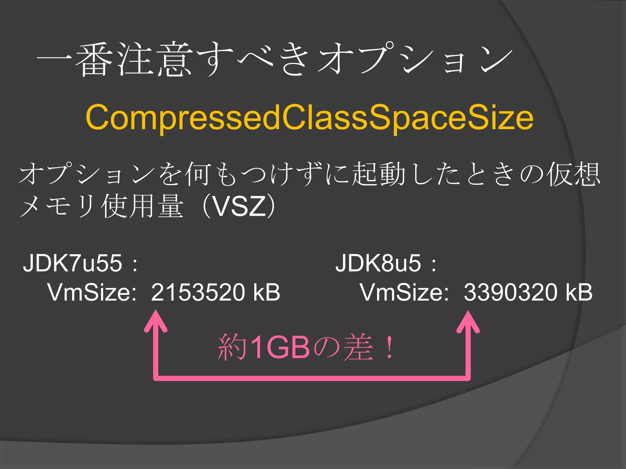 一番注意すべきオプション
CompressedClassSpaceSize
JDK7u55：
VmSize: 2153520 kB
JDK8u5：
VmSize: 3390320 kB
約1GBの差！
オプションを何もつけずに起動したときの仮想
メモリ使用量（VSZ）
 