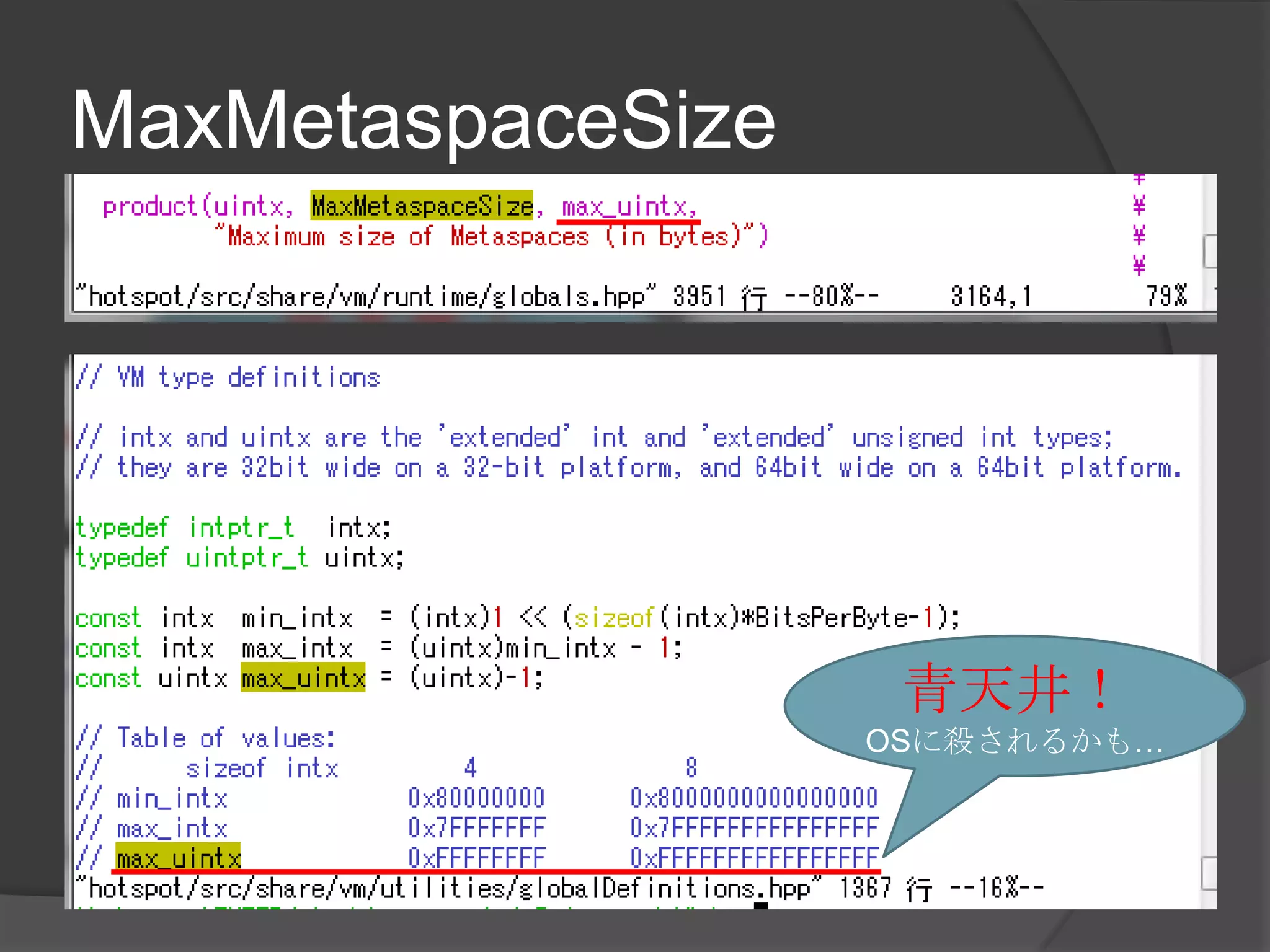 MaxMetaspaceSize
青天井！
OSに殺されるかも…
 