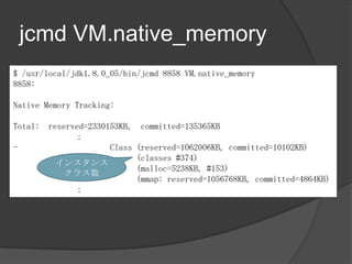 jcmd VM.native_memory
$ /usr/local/jdk1.8.0_05/bin/jcmd 8858 VM.native_memory
8858:
Native Memory Tracking:
Total: reserved=2330153KB, committed=135365KB

- Class (reserved=1062006KB, committed=10102KB)
(classes #374)
(malloc=5238KB, #153)
(mmap: reserved=1056768KB, committed=4864KB)

󥹥
饹
 