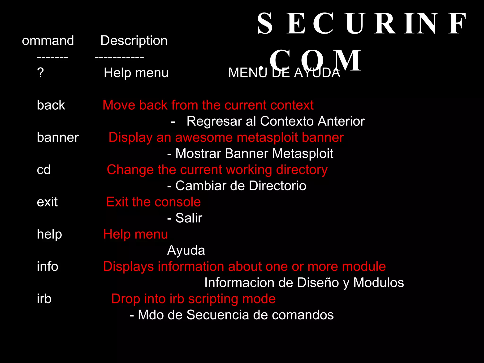 SECURINF.COM ommand  Description  -------  -----------  ?  Help menu  MENU DE AYUDA  back  Move back from the current context   -  Regresar al Contexto Anterior  banner  Display an awesome metasploit banner   -  Mostrar Banner Metasploit     cd  Change the current working directory  - Cambiar de Directorio  exit  Exit the console  - Salir  help  Help menu  Ayuda  info   Displays information about one or more module    Informacion de Diseño y Modulos irb   Drop into irb scripting mode  - Mdo de Secuencia de comandos 
