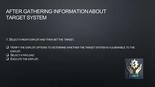 1. SELECTA RIGHT EXPLOITAND THEN SETTHE TARGET.
 VERIFY THE EXPLOIT OPTIONS TO DETERMINE WHETHER THE TARGET SYSTEM IS VULNERABLE TO THE
EXPLOIT.
 SELECTA PAYLOAD
 EXECUTE THE EXPLOIT.
AFTER GATHERING INFORMATIONABOUT
TARGET SYSTEM
 