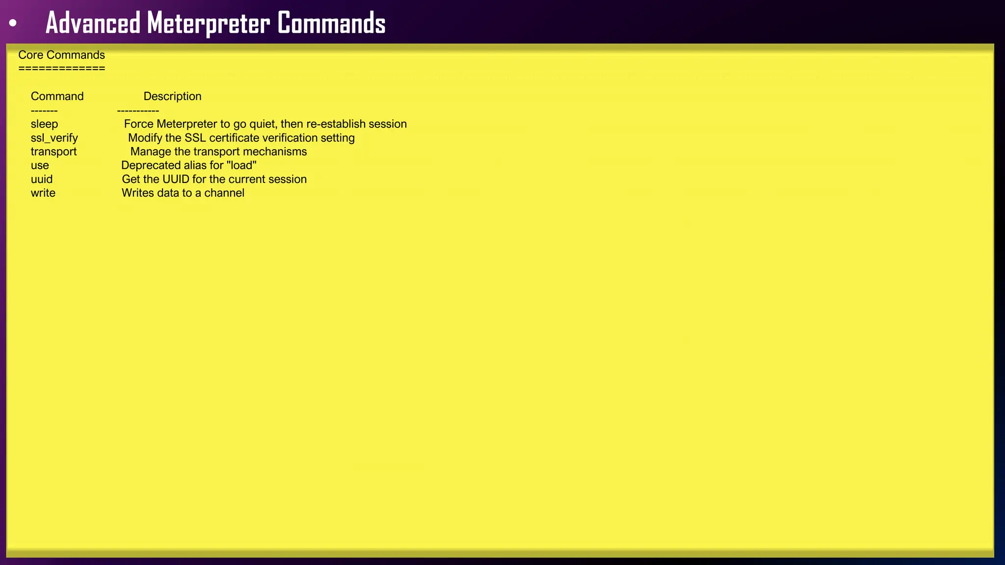 • Advanced Meterpreter Commands
Core Commands
=============
Command Description
------- -----------
sleep Force Meterpreter to go quiet, then re-establish session
ssl_verify Modify the SSL certificate verification setting
transport Manage the transport mechanisms
use Deprecated alias for "load"
uuid Get the UUID for the current session
write Writes data to a channel
 