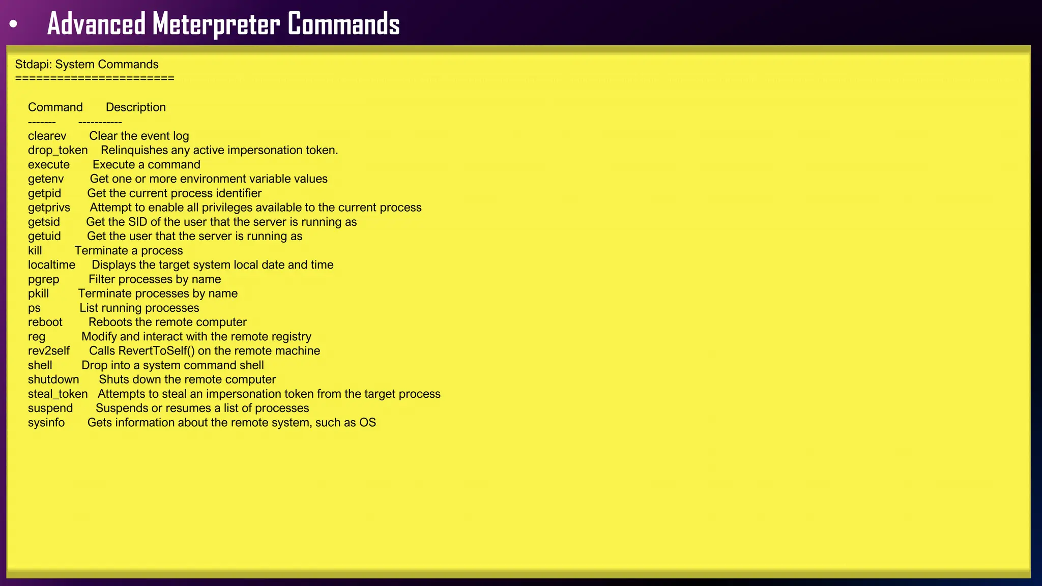 • Advanced Meterpreter Commands
Stdapi: System Commands
=======================
Command Description
------- -----------
clearev Clear the event log
drop_token Relinquishes any active impersonation token.
execute Execute a command
getenv Get one or more environment variable values
getpid Get the current process identifier
getprivs Attempt to enable all privileges available to the current process
getsid Get the SID of the user that the server is running as
getuid Get the user that the server is running as
kill Terminate a process
localtime Displays the target system local date and time
pgrep Filter processes by name
pkill Terminate processes by name
ps List running processes
reboot Reboots the remote computer
reg Modify and interact with the remote registry
rev2self Calls RevertToSelf() on the remote machine
shell Drop into a system command shell
shutdown Shuts down the remote computer
steal_token Attempts to steal an impersonation token from the target process
suspend Suspends or resumes a list of processes
sysinfo Gets information about the remote system, such as OS
 