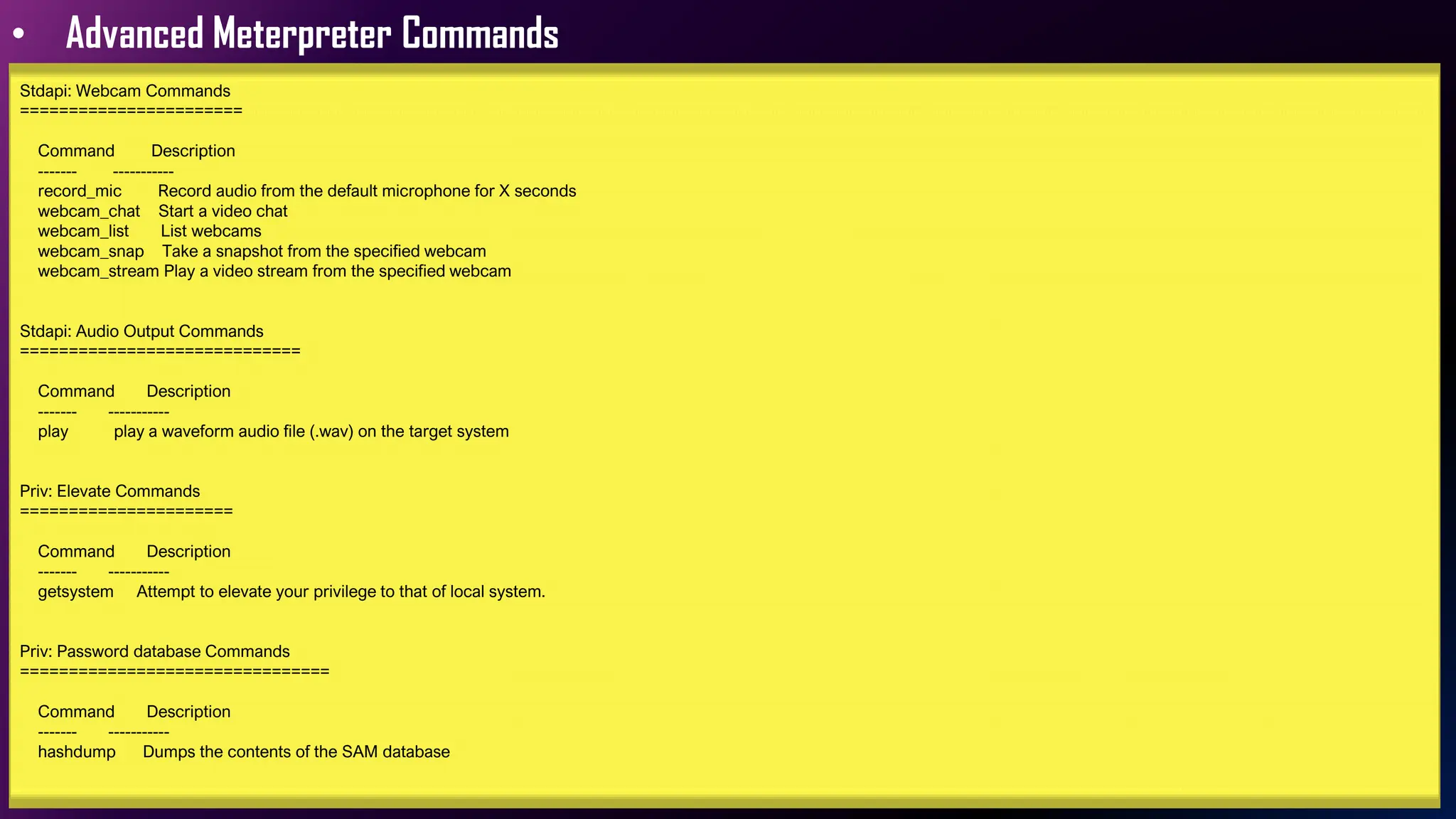 • Advanced Meterpreter Commands
Stdapi: Webcam Commands
=======================
Command Description
------- -----------
record_mic Record audio from the default microphone for X seconds
webcam_chat Start a video chat
webcam_list List webcams
webcam_snap Take a snapshot from the specified webcam
webcam_stream Play a video stream from the specified webcam
Stdapi: Audio Output Commands
=============================
Command Description
------- -----------
play play a waveform audio file (.wav) on the target system
Priv: Elevate Commands
======================
Command Description
------- -----------
getsystem Attempt to elevate your privilege to that of local system.
Priv: Password database Commands
================================
Command Description
------- -----------
hashdump Dumps the contents of the SAM database
 
