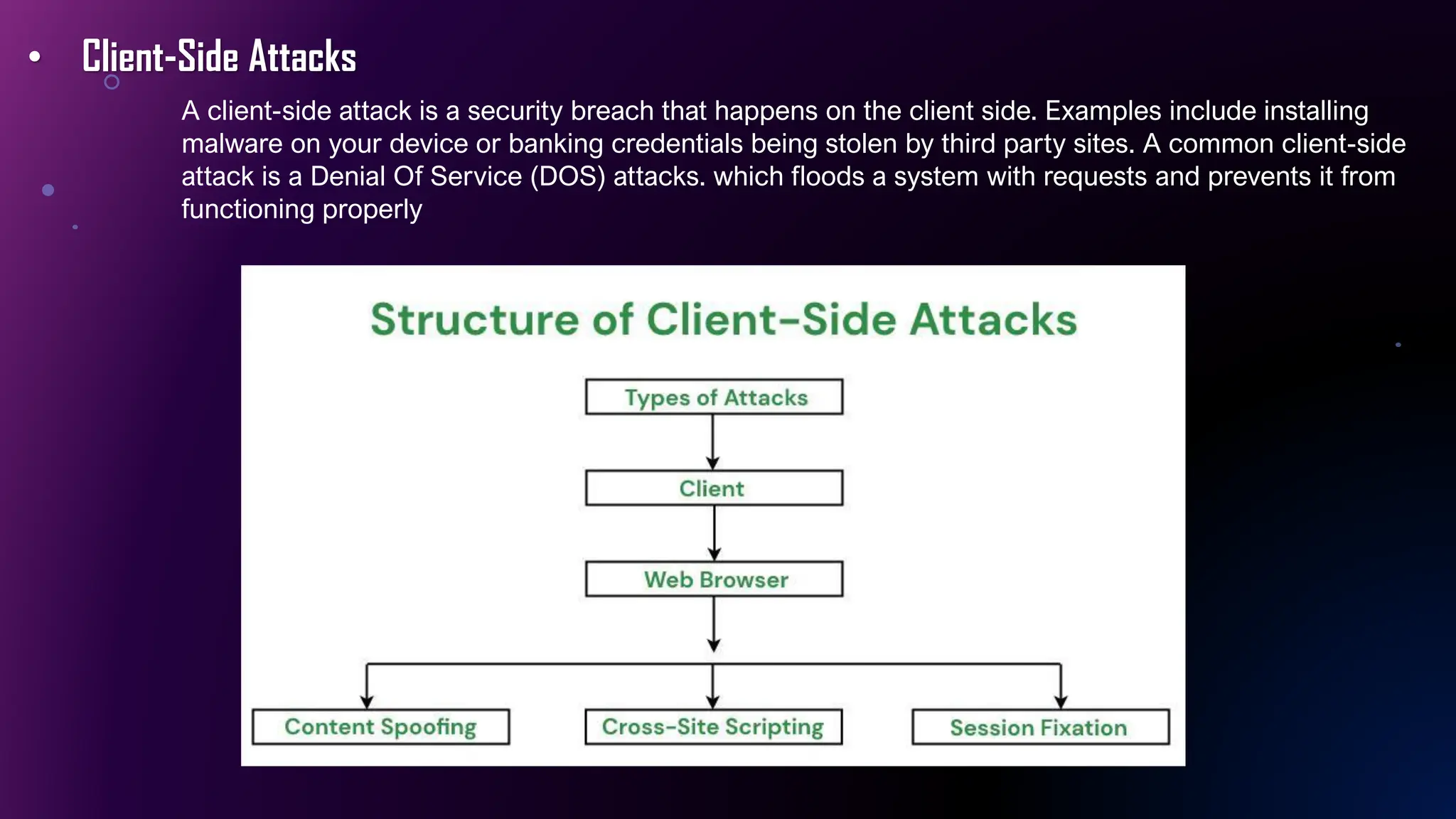 • Client-Side Attacks
A client-side attack is a security breach that happens on the client side. Examples include installing
malware on your device or banking credentials being stolen by third party sites. A common client-side
attack is a Denial Of Service (DOS) attacks. which floods a system with requests and prevents it from
functioning properly
 