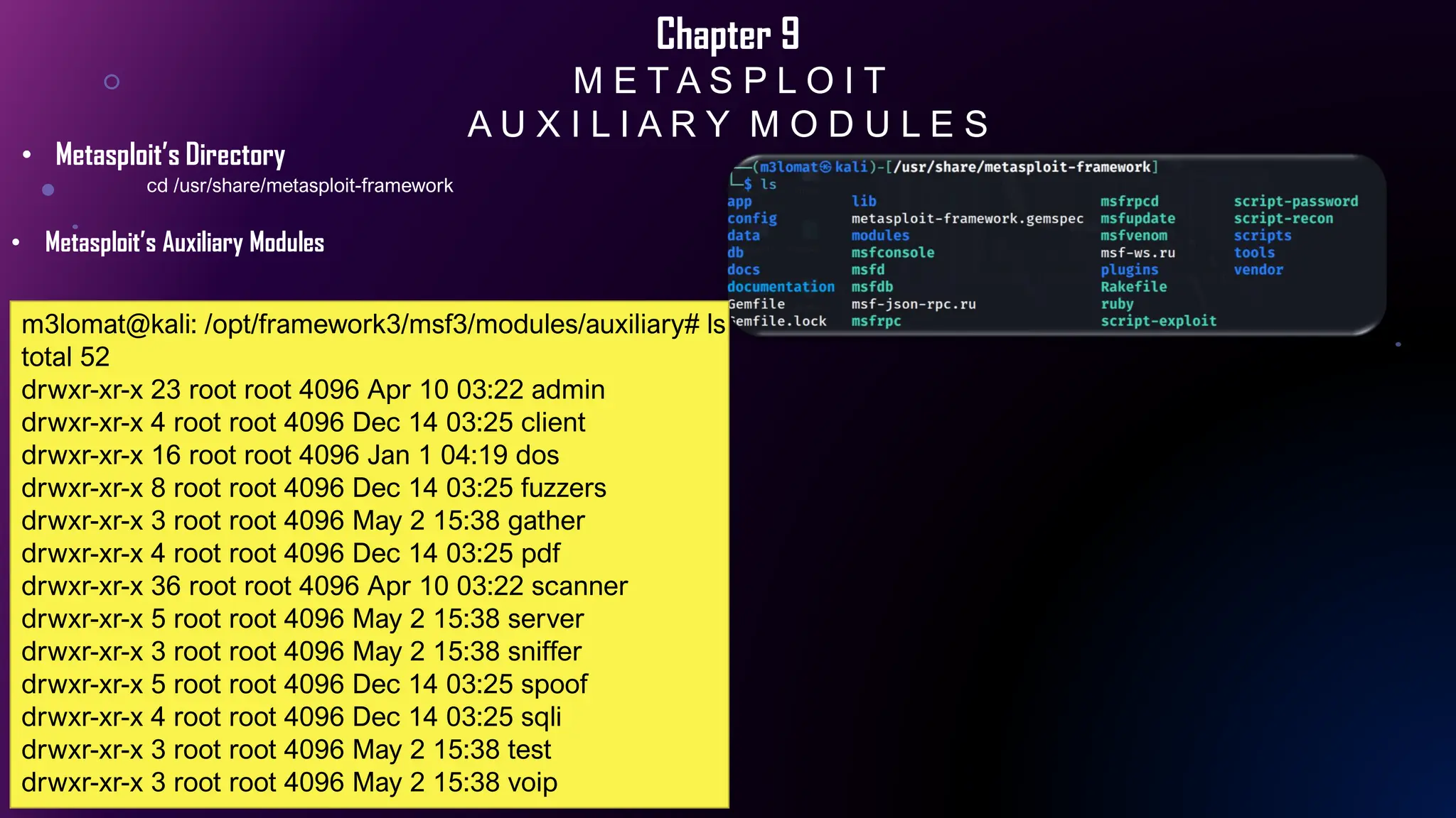 Chapter 9
M E T A S P L O I T
A U X I L I A R Y M O D U L E S
• Metasploit’s Directory
cd /usr/share/metasploit-framework
• Metasploit’s Auxiliary Modules
m3lomat@kali: /opt/framework3/msf3/modules/auxiliary# ls
total 52
drwxr-xr-x 23 root root 4096 Apr 10 03:22 admin
drwxr-xr-x 4 root root 4096 Dec 14 03:25 client
drwxr-xr-x 16 root root 4096 Jan 1 04:19 dos
drwxr-xr-x 8 root root 4096 Dec 14 03:25 fuzzers
drwxr-xr-x 3 root root 4096 May 2 15:38 gather
drwxr-xr-x 4 root root 4096 Dec 14 03:25 pdf
drwxr-xr-x 36 root root 4096 Apr 10 03:22 scanner
drwxr-xr-x 5 root root 4096 May 2 15:38 server
drwxr-xr-x 3 root root 4096 May 2 15:38 sniffer
drwxr-xr-x 5 root root 4096 Dec 14 03:25 spoof
drwxr-xr-x 4 root root 4096 Dec 14 03:25 sqli
drwxr-xr-x 3 root root 4096 May 2 15:38 test
drwxr-xr-x 3 root root 4096 May 2 15:38 voip
 