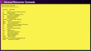 • Advanced Meterpreter Commands
tdapi: File system Commands
============================
Command Description
------- -----------
cat Read the contents of a file to the screen
cd Change directory
checksum Retrieve the checksum of a file
cp Copy source to destination
del Delete the specified file
dir List files (alias for ls)
download Download a file or directory
edit Edit a file
getlwd Print local working directory
getwd Print working directory
lcat Read the contents of a local file to the screen
lcd Change local working directory
lls List local files
lpwd Print local working directory
ls List files
mkdir Make directory
mv Move source to destination
pwd Print working directory
rm Delete the specified file
rmdir Remove directory
search Search for files
show_mount List all mount points/logical drives
upload Upload a file or directory
 