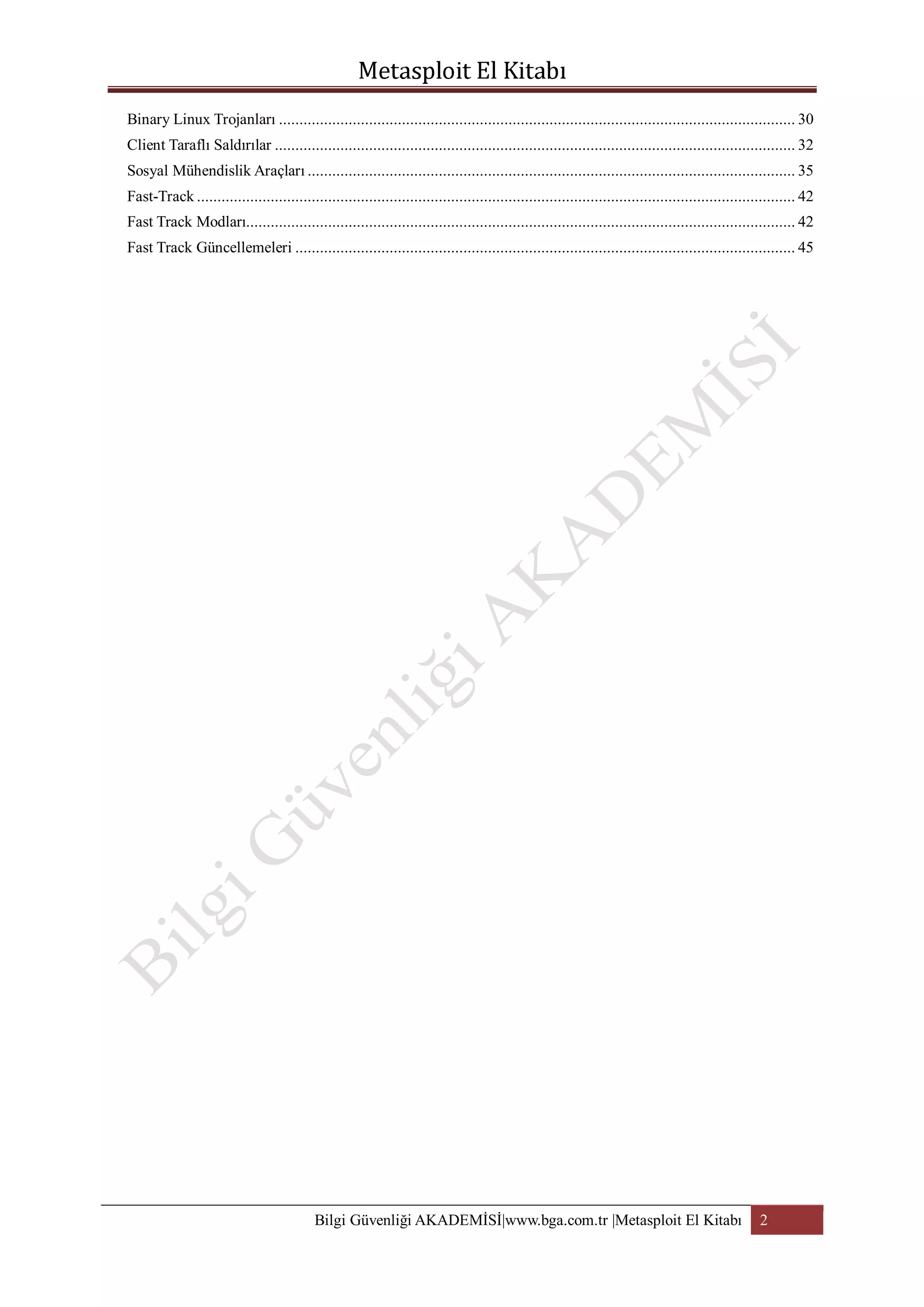 Binary Linux Trojanları .............................................................................................................................. 30
Client Taraflı Saldırılar ............................................................................................................................... 32
Sosyal Mühendislik Araçları ....................................................................................................................... 35
Fast-Track .................................................................................................................................................. 42
Fast Track Modları...................................................................................................................................... 42
Fast Track Güncellemeleri .......................................................................................................................... 45

Bilgi Güvenliği AKADEMİSİ|www.bga.com.tr |Metasploit El Kitabı

2

 