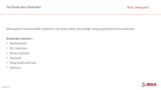 @BGASecurity
BGA	|	MetasploitÜst	Düzey	Bazı	Payloadlar
Metasploit	Frameworkde	kullanılan	üst	düzey	farklı	işlevselliğe	sahip	payloadlar	bulunmaktadır.
Bunlardan	bazıları	;
• Meterpreter
• DLL	Injection
• Binary Upload
• PassiveX
• Download and Exec
• Adduser
 