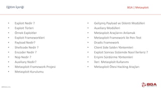 @BGASecurity
BGA	|	MetasploitEğitim	İçeriği
• Exploit	Nedir ?
• Exploit	Türleri
• Örnek Exploitler
• Exploit	Frameworkleri
• Payload	Nedir?
• Shellcode Nedir ?
• Encoder	Nedir ?
• Nop Nedir ?
• Auxiliary	Nedir?
• Metasploit Framework	Projesi
• Metasploit Kurulumu
• Gelişmiş	Payload	ve	Eklenti	Modülleri
• Auxiliary	Modülleri
• Metasploit	Araçlarını	Anlamak
• Metasploit	Framework	ile	Pen-Test
• Dradis	Framework
• Client	Side	Saldırı	Yöntemleri
• Exploit	Sonrası	Sistemde	Nasıl	İlerleriz	?
• Erişimi	Sürdürme	Yöntemleri
• İleri		Metasploit	Kullanımı
• Metasploit	Ötesi	Hacking	Araçları
 