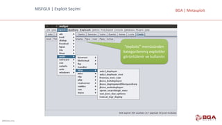 @BGASecurity
BGA	|	MetasploitMSFGUI	|	Exploit Seçimi
“exploits”	menüsünden	
kategorilenmiş	exploitler	
görüntülenir	ve	kullanılır.
 